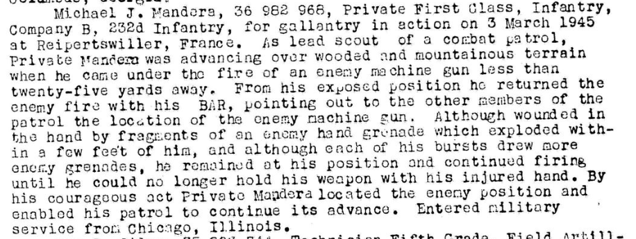 Silver Stary décernée au PFC Mandera 42d Inf Div.