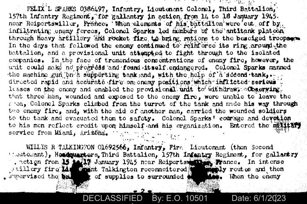Col. Sparks Bronze Star citation